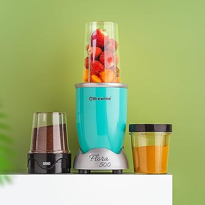 Brewine Flora 500 Nutri Blender, 500W Motor, Aqua Blue - Powerful Nutrient Extraction | Portable | Compact | and Easy to Clean Blender for Smoothies | Juices | and Shakes