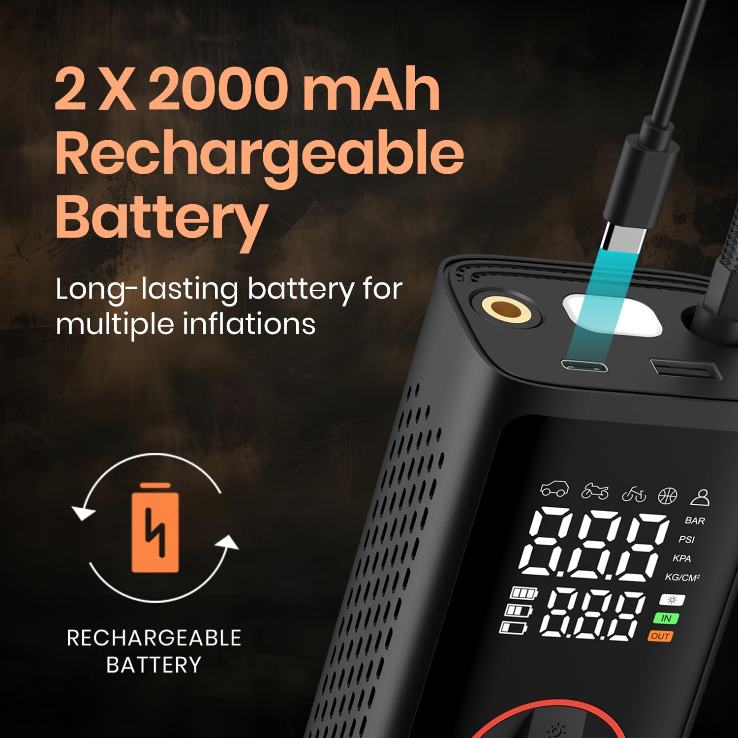 Portronics Vayu 7.0 – 150 PSI Tyre Inflator, 4000mAh battery, compact design, LED light, digital display, auto shut-off, perfect for cars, bikes, sports equipment, and more. Fast inflation!