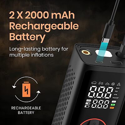 Portronics VAYU 7.0 Tyre Inflator – 4000mAh Portable | Digital Display | USB Output | Black