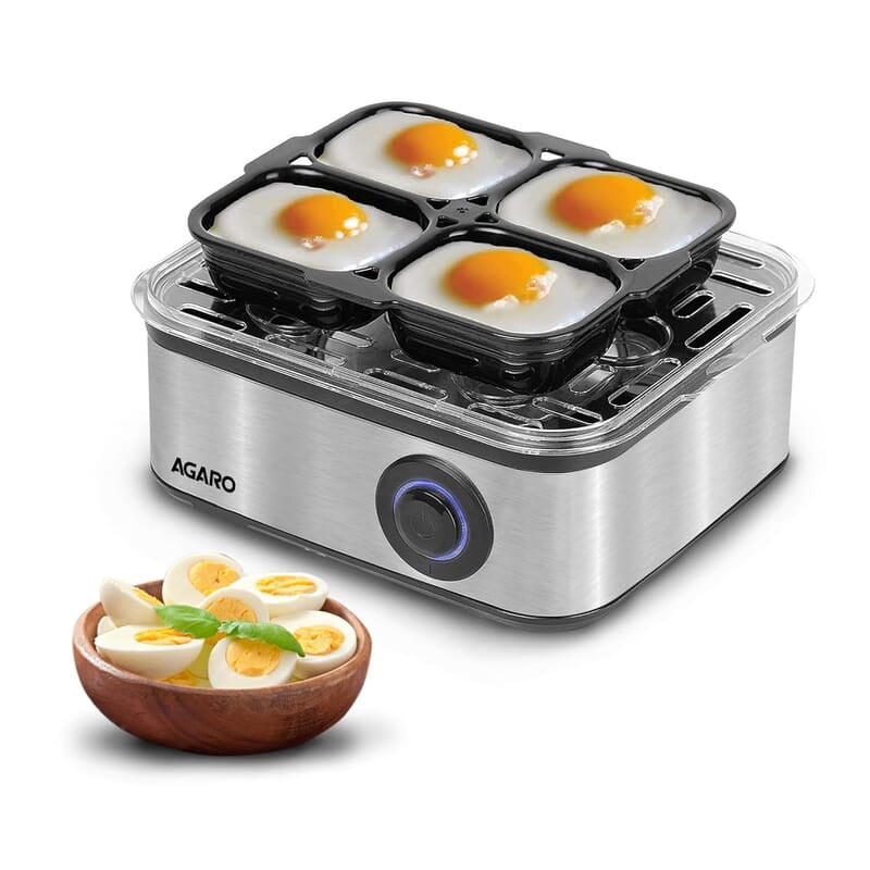 AGARO Grand Egg Boiler and Poacher,2-in1 Boils 8 Eggs, Poach 4 Eggs, Steamed Vegetables, 3 Boiling Modes, Stainless Steel Body, Transparent Lid, 500 Watts, Silver 14 ounces