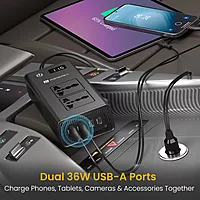 Portronics Zaptor 200W Car Inverter – Dual AC Sockets | Type-C PD & USB-A Fast Charging | Black