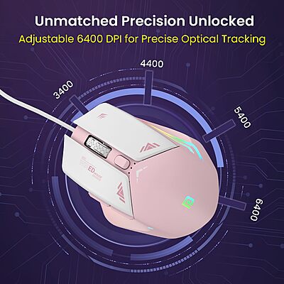 Portronics Vader Pink Gaming Mouse – 6400 DPI RGB features customizable RGB lighting, ergonomic design, and high precision for an immersive gaming experience. Perfect for gamers who love style!