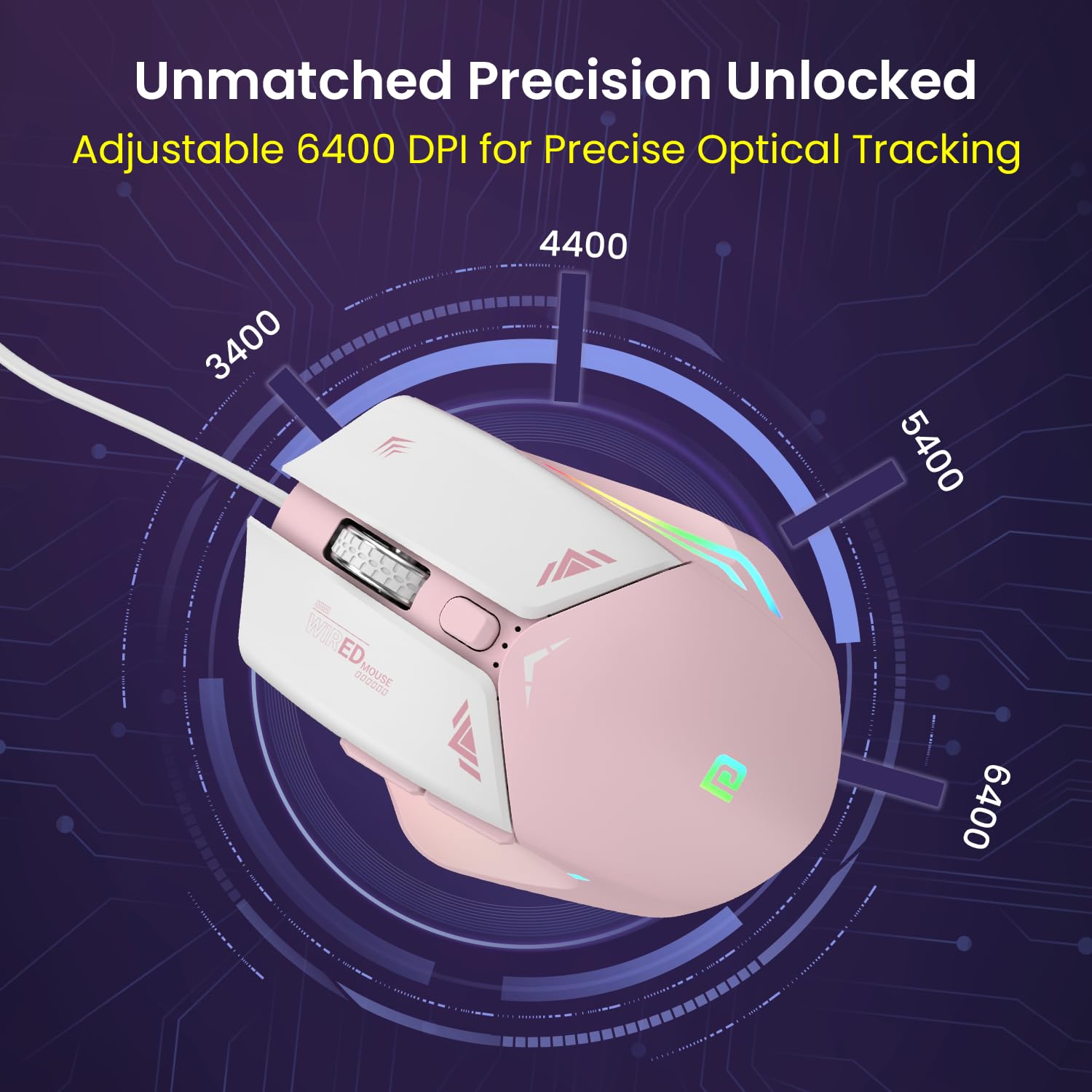 Portronics Vader Pink Gaming Mouse – 6400 DPI RGB features customizable RGB lighting, ergonomic design, and high precision for an immersive gaming experience. Perfect for gamers who love style!