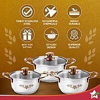 Wonderchef Gold Stanton Stainless Steel 3 piece Casserole Set with Glass Lid Set of 3 (1.6L, 2.3L, 3.1L)