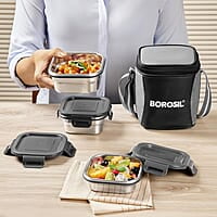 Borosil Feast Stainless Steel Lunch Box with Bag | Set of 3 (520 ml x 1 + 400 ml x 1 + 250 ml x 1), Square