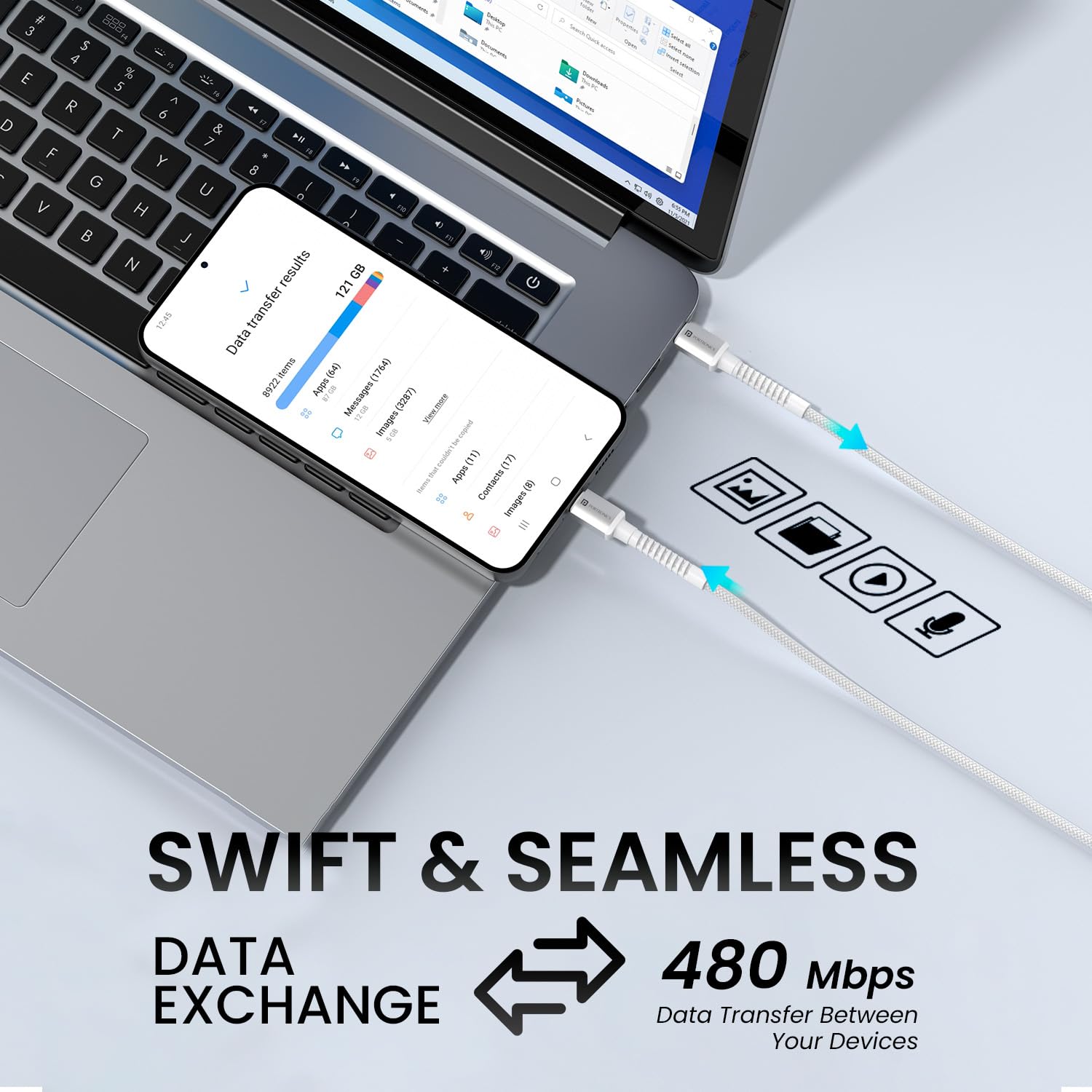 Portronics Konnect X – 27W Type-C to Lightning Cable, 2M White. Fast charging and data transfer, durable design, compatible with iPhone and iPad, perfect for everyday use and travel.