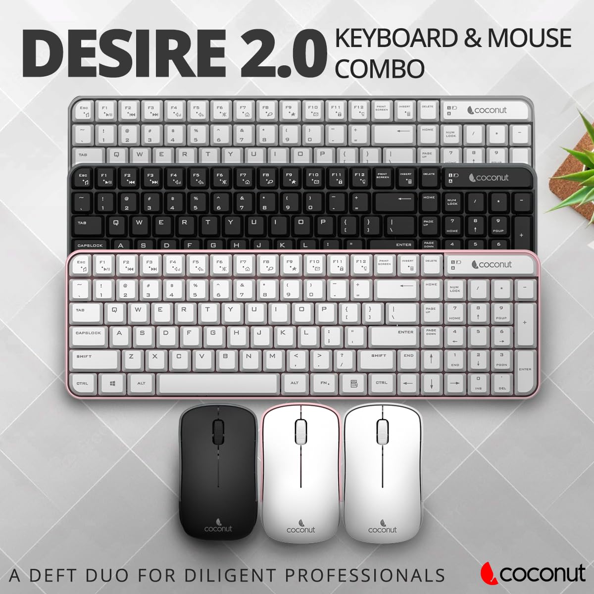 Coconut Desire 2.0 WKM16 + WM16 Wireless Keyboard & Mouse Combo (White & Pink, 1 Year Warranty)