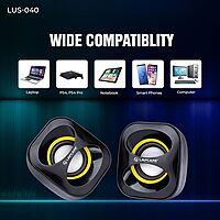 Lapcare LUS‑040: compact 2.0‑channel multimedia USB speaker (3 W × 2), 180 Hz–20 kHz frequency range, wired volume control, USB‑powered—plug & play, 1‑yr warranty.