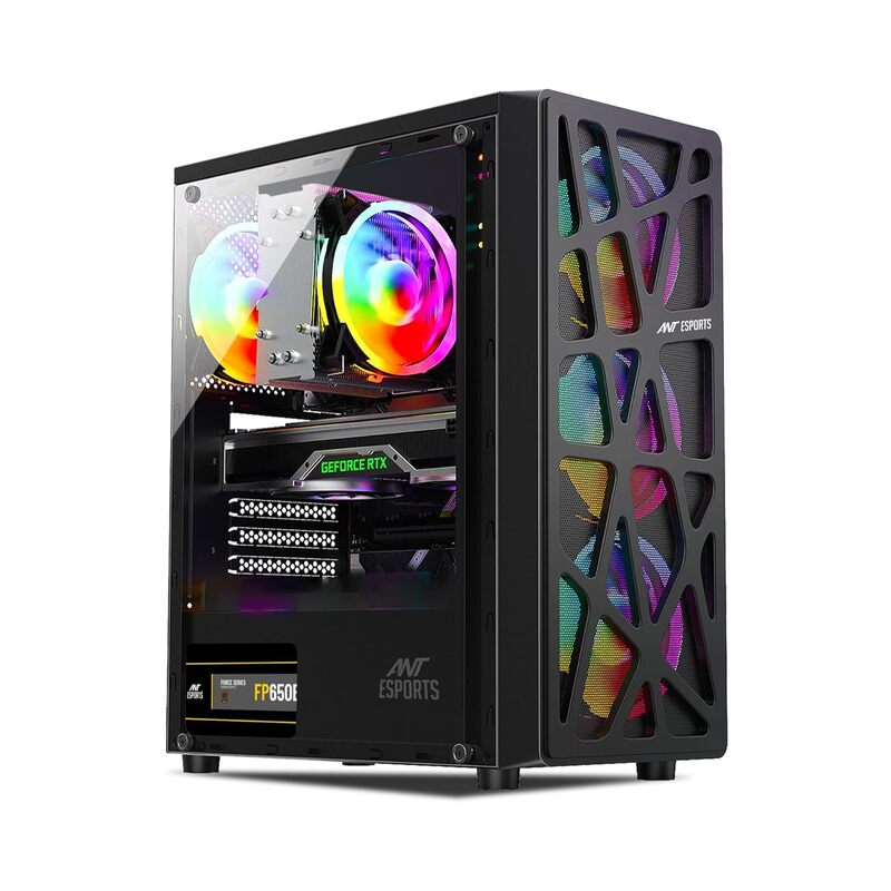 Ant Esports Elite 1100 Mid Tower Gaming Cabinet Black | ATX M-ATX ITX | 4 Rainbow Fans
