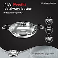 ‎Preethi Metallica Collection Triply Stainless Steel Kadai with Glass Lid, 28 cm, Gas & Induction
