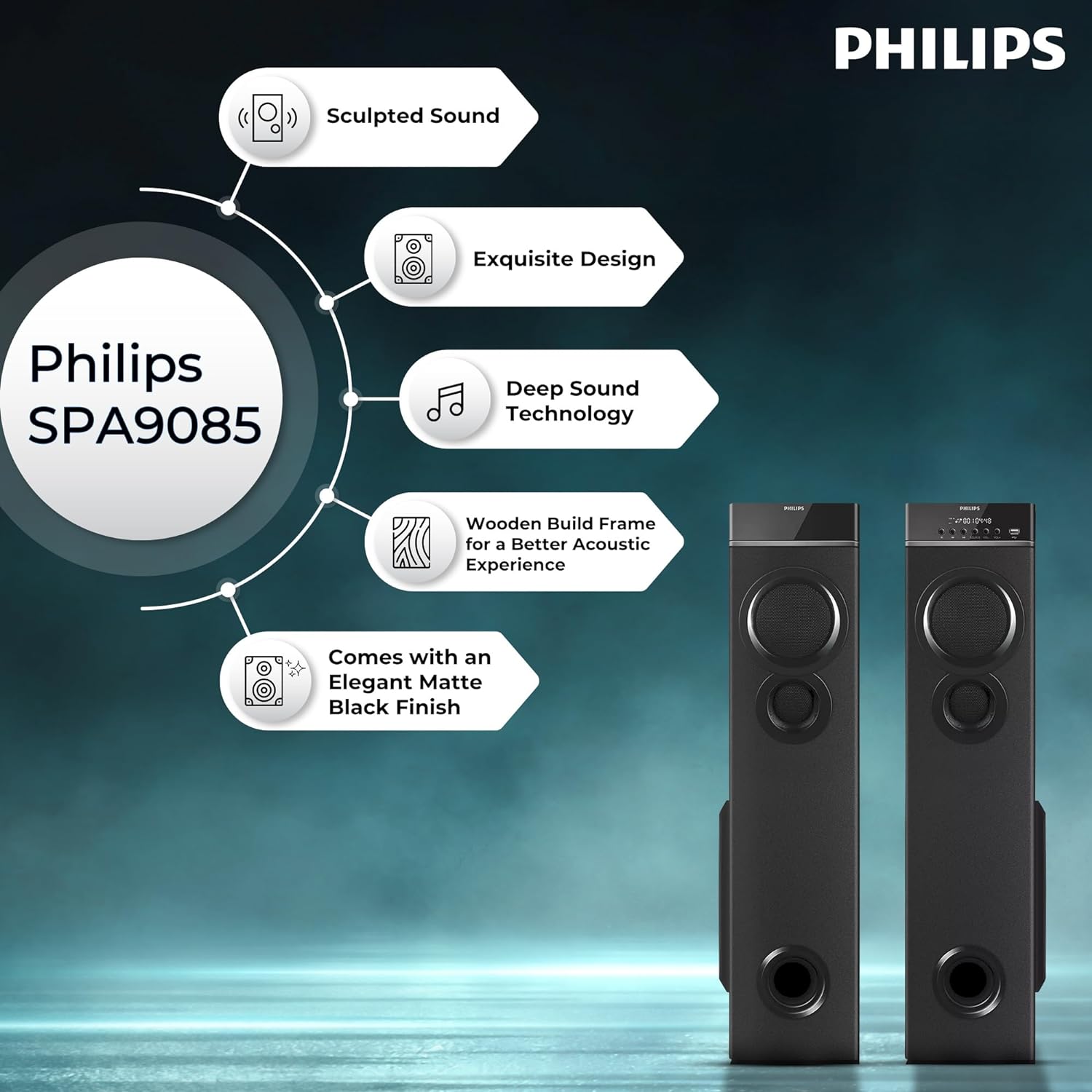 Philips Audio SPA9085 2.0CH 100W Multimedia Tower Speakers with Wireless Microphone – USB, AUX, FM, Mic Inputs & Thumping Bass for Karaoke (Black) Philips Audio SPA9085 2.0CH 100W Multimedia Tower Speakers with Wireless Microphone – USB, AUX, FM, Mic Inputs & Thumping Bass for Karaoke (Black)