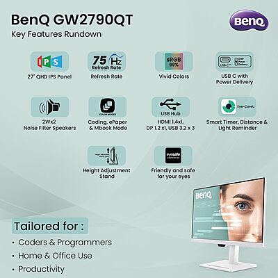 BenQ 27" 2K QHD USB-C Ergo Eye-Care Monitor, GW2790QT