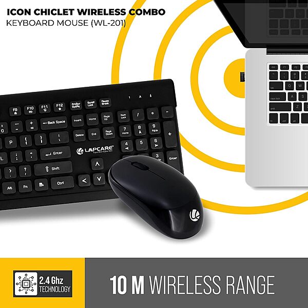 Lapcare WL‑201 Icon Chiclet wireless keyboard: slim chiclet keys, low-profile design, plug‑and‑play USB nano receiver & long battery life.