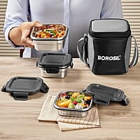 Borosil Feast Stainless Steel Lunch Box with Bag | Set of 3 (400 ml x 2 + 250 ml x 1), Square