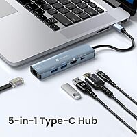 Portronics Mport 51 – A versatile 5-in-1 USB-C hub featuring HDMI for 4K video output, LAN for stable internet, and multiple USB ports for seamless connectivity and enhanced productivity.