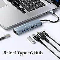 Portronics Mport 51 – A versatile 5-in-1 USB-C hub featuring HDMI for 4K video output, LAN for stable internet, and multiple USB ports for seamless connectivity and enhanced productivity.