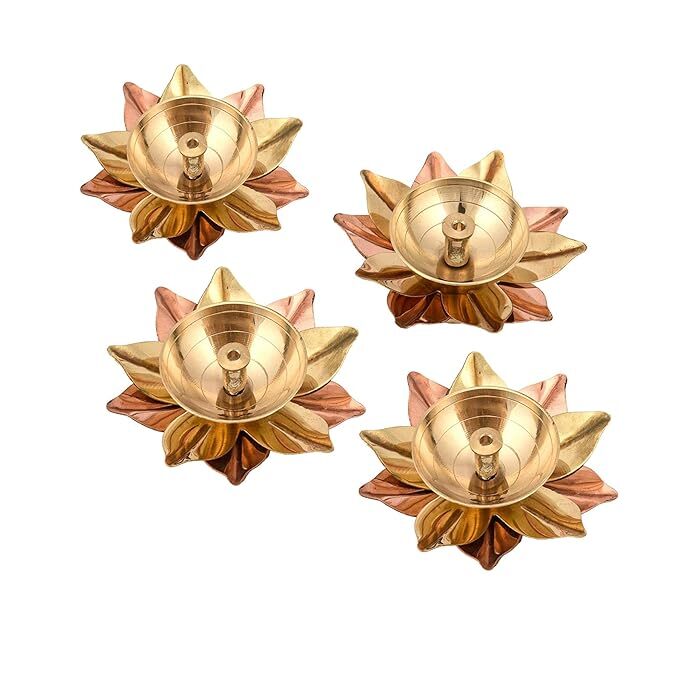 Collectible India Set of 8 Brass Diya for Puja Oil Lamp Lotus Shape - Deepak for Pooja Diwali Decoration Items - Diwali Gift - Return Gift