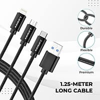 Ambrane Unbreakable 3 in 1 USB Fast Charging Cable with Type C, Lightning, Micro USB Port with 2.1 A