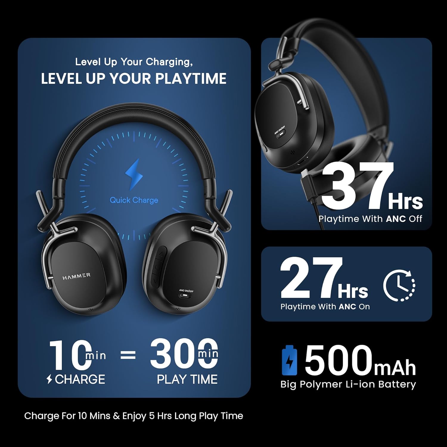 Hammer Bash Pro Wireless Headphones with 32db Hybrid ANC and Quad Mics for Clear Calling, 40mm Driver, 37Hrs Playtime, Super soft Cushion, 5.3 (Black ) Hammer Bash Pro Wireless Headphones with 32db Hybrid ANC and Quad Mics for Clear Calling, 40mm Driver, 37Hrs Playtime, Super soft Cushion, 5.3 (Black )