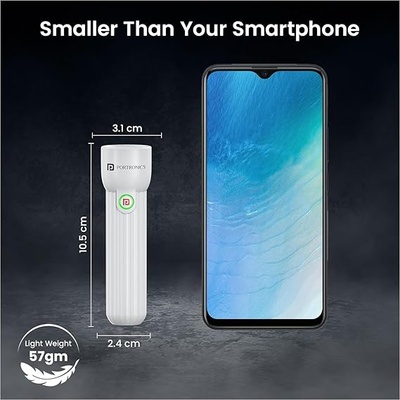 Portronics Eco Glow Mini LED Torch Light with USB Rechargeable Battery, Compact Size Flashlight, Dual-Brightness Levels, SOS Emergency Light Mode, for Home, Outdoor, Camping, Travel (White) Portronics Eco Glow Mini LED Torch Light with USB Rechargeable Battery, Compact Size Flashlight, Dual-Brightness Levels, SOS Emergency Light Mode, for Home, Outdoor, Camping, Travel (White)