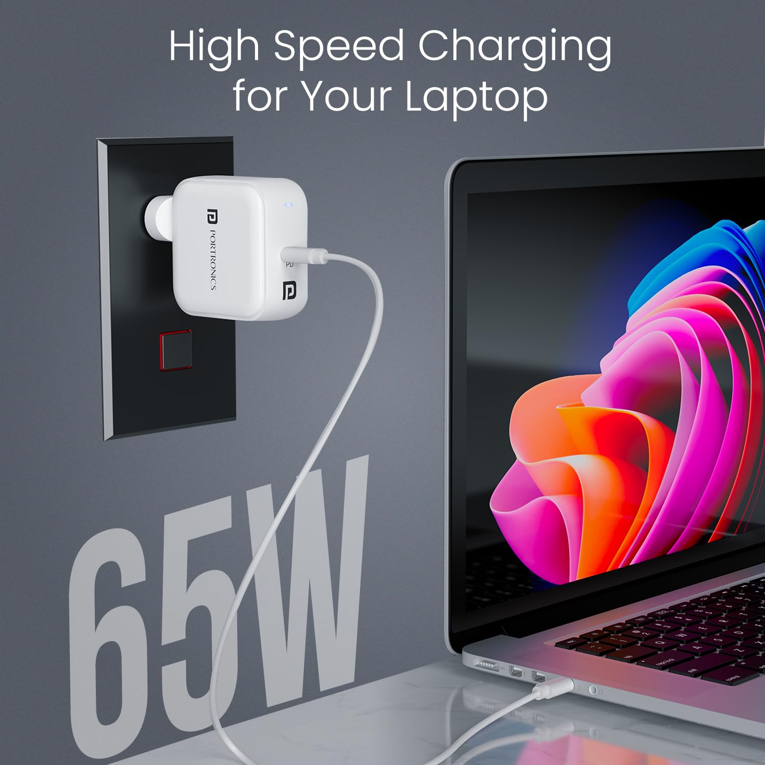 Portronics Adapto 65C 65W Type-C GaN Fast Charger | PD USB-C Wall Adapter White