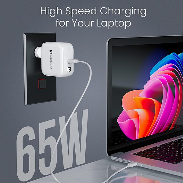 Portronics Adapto 65C 65W Type-C GaN Fast Charger | PD USB-C Wall Adapter White