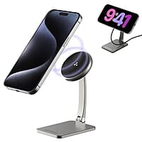 Ambrane 15W MagSafe Wireless Charger & Mobile Stand Lightweight & Foldable for iPhone 15/15 Plus/15 Pro/15 Pro Max, iPhone 12/13/14 Series & Other Qi Devices + Magnetic Ring Aerosync S1