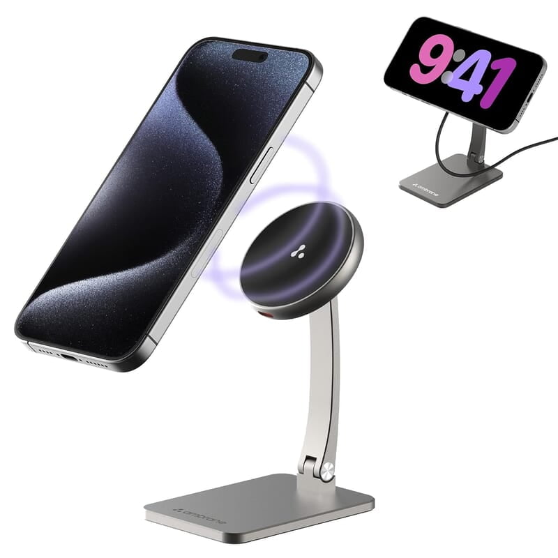 Ambrane 15W MagSafe Wireless Charger & Mobile Stand Lightweight & Foldable for iPhone 15/15 Plus/15 Pro/15 Pro Max, iPhone 12/13/14 Series & Other Qi Devices + Magnetic Ring Aerosync S1