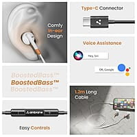 Ambrane Wired Type C in Ear Earphones with in-line Mic for Clear Calling, 1.2M Cable, 14mm Dynamic Drivers for BoostedBass, Multi-Functional Controller for Type C Enabled Mobiles Stringz 02