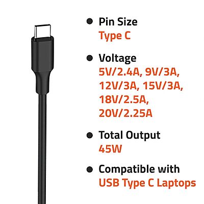 Laptop Adapter 45W Type-C Universally Compatible