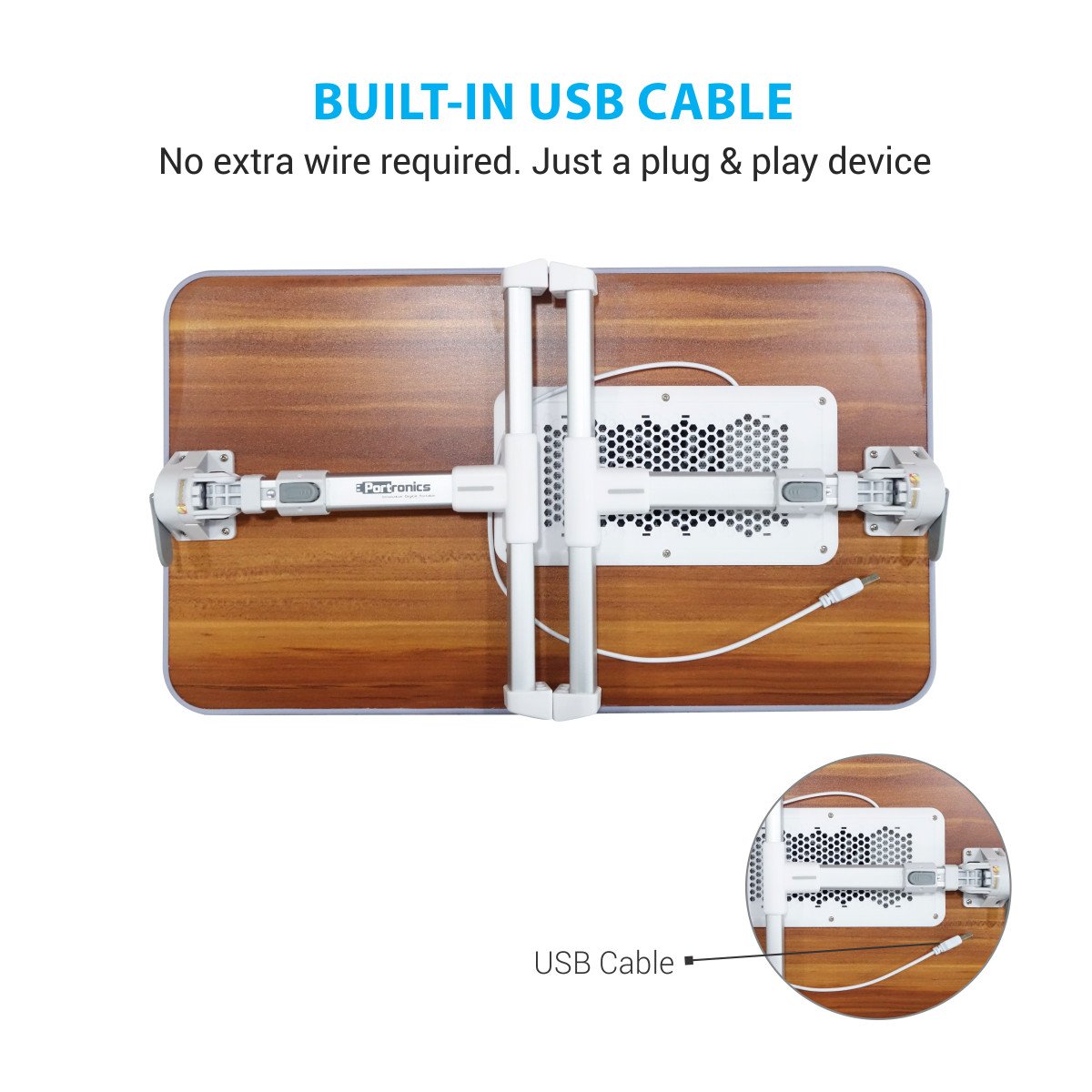 Portronics My Buddy Plus is an adjustable laptop table with a cooling fan, multiple height settings, and portable design for convenience.