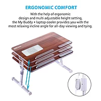 Portronics My Buddy Plus is an adjustable laptop table with a cooling fan, multiple height settings, and portable design for convenience.