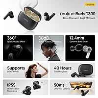 Realme Buds T300 TWS Earbuds | 40H Playtime, ANC, Dolby Atmos, IP55 (Stylish Black)