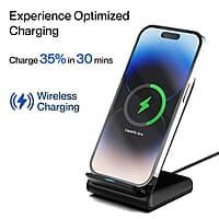 Ambrane 15W Wireless Charging Stand for iPhone 14/13/12 Series, Galaxy S23/S22/S21/S20/Note20 Series, OnePlus 9/9 Pro, Apple Watch & Other Qi Devices Powerpod