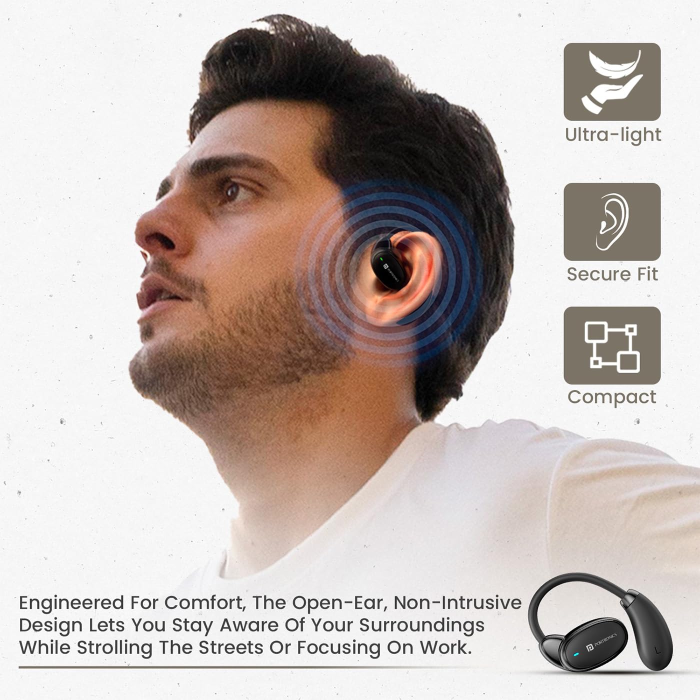 Portronics Twins 31 – OWS Earbuds, 24H Playtime, Black. Experience superior sound quality, ergonomic design, and seamless connectivity. Perfect for music lovers and on-the-go lifestyles.