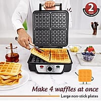 Borosil Jumbo Waffle Maker, 1100W, Non-Stick Grilling Plate, 4 Jumbo Bread Slices