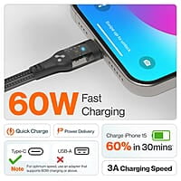 Ambrane 60W Type C to Type C Cable with 3A Fast Charging, 1.2M Braided cable for Smartphones, Tablets, Laptops & other Type C devices, PD Technology, 480Mbps Data Sync (ABCC-12T