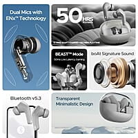 boAt Airdopes 311 Pro w/Up to 50 HRS Playtime, ASAP Charge(10min=150 Mins), Dual Mics w/ENx Tech, Transparent ID, 50 ms Low-Latency Beast Mode, IPX4 Truly Wireless in Ear Earbuds