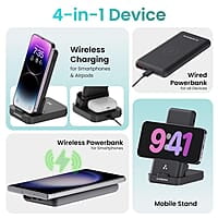 Ambrane 4 in 1 Wireless Charging 10000mAh Power Bank 22.5W Fast Charging, USB & Type C Output, Power Delivery, Quick Charge for iPhone, Android & Other Devices Aerosync Quad