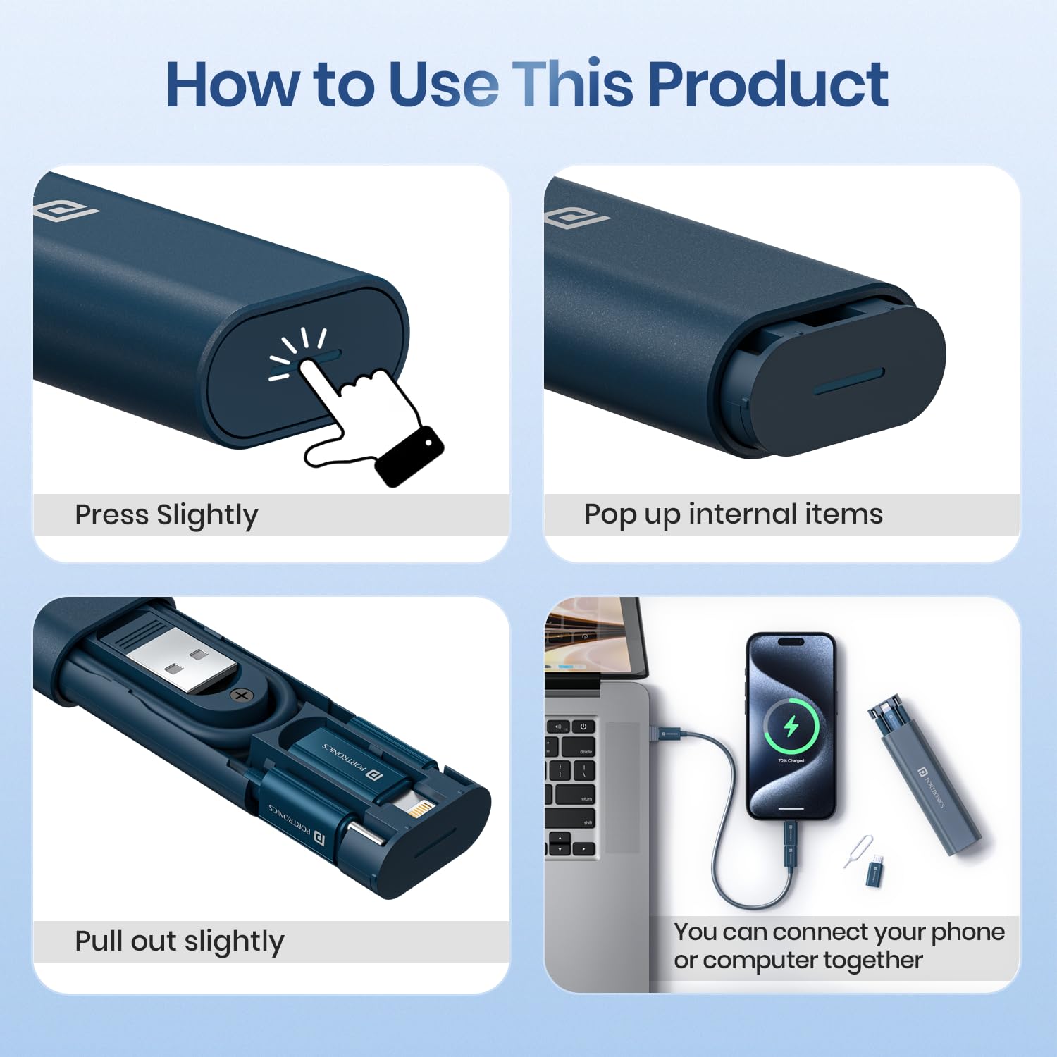Portronics Snapcase 3 – 60W Charging Cable Kit, Blue. This versatile kit includes high-speed charging cables, perfect for powering devices quickly and efficiently. Durable and stylish design.