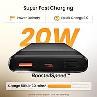 Ambrane 10000mAh Slim Power Bank, 20W Fast Charging, Dual Output, Type C PD (Input & Output), Quick Charge