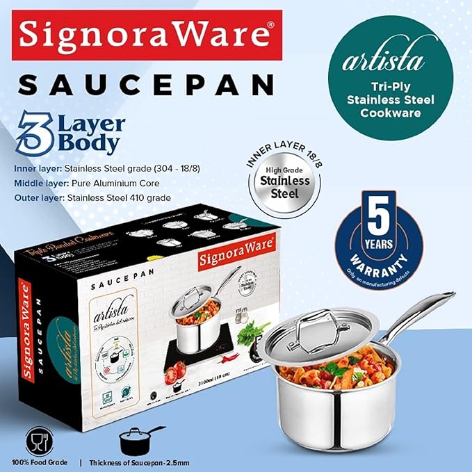 Signora Ware Artista Tri- play Sauce Pan Witht Lid 2100 ML (18 CM)