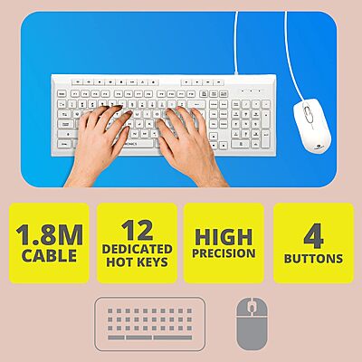 Zebronics Zeb-Judwaa 900 Wired USB Keyboard & Mouse Set – 12 Hotkeys | 800/1200/1600 DPI | UV Printed Chiclet Keys | Silent Usage | White