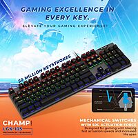 Lapcare Champ LGK‑105 mechanical gaming keyboard: aircraft‑grade metal frame, 50M keystroke life, anti‑ghosting, 7 RGB modes & braided cable.