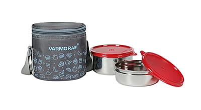 Varmora SS Executive Printed Assorted Stainless Steel Tiffin Lunch Box for Office Set of 2 Containers (390 ml and 520 ml)