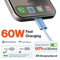 Ambrane 60W Type-C to Type-C Fast Charging Cable for Smartphones, Tablets, Laptops, iPhone 15 & Other Type C Devices, PD Technology, 480Mbps Data Sync, 1.2M (ABCC-60