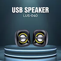 Lapcare LUS‑040: compact 2.0‑channel multimedia USB speaker (3 W × 2), 180 Hz–20 kHz frequency range, wired volume control, USB‑powered—plug & play, 1‑yr warranty.