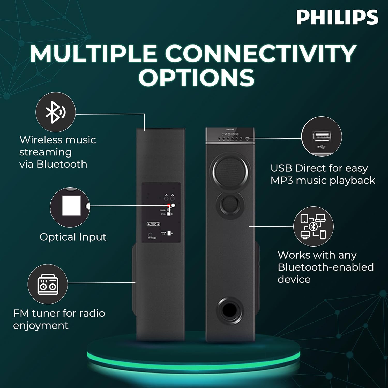 Philips Audio SPA9085 2.0CH 100W Multimedia Tower Speakers with Wireless Microphone – USB, AUX, FM, Mic Inputs & Thumping Bass for Karaoke (Black) Philips Audio SPA9085 2.0CH 100W Multimedia Tower Speakers with Wireless Microphone – USB, AUX, FM, Mic Inputs & Thumping Bass for Karaoke (Black)