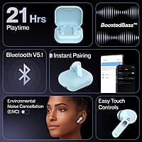 Ambrane Dots Sense True Wireless Earbuds with 21 Hours Playtime,Environmental Noise Cancellation (Enc),10Mm Drivers with Boostedbass,Bluetooth V5.1,Ipx4 Splash Proof
