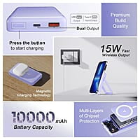 Ambrane 10000mAh Magnetic Wireless Power Bank with Stand, 15W Wireless Fast Charging, Compact 22.5W PD Wired Charger, Compatible with iPhone 12/13/14/15 & Other Wireless Devices